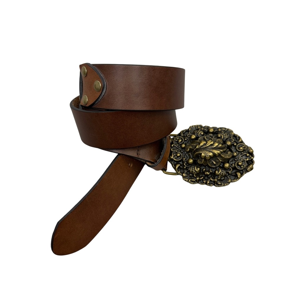 CAbi Belt Womens Medium Brown Leather Ornate Brass Filigree Buckle Studded Boho